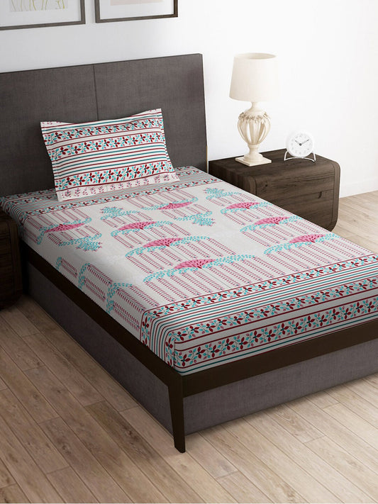 Story@home Grey & Pink Ethnic Motifs 180 TC Bedsheet with Pillow Cover - Swadesiicart