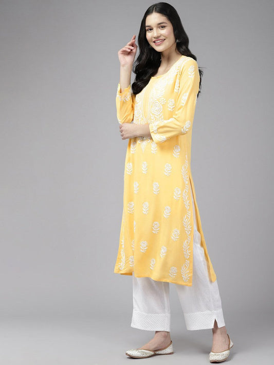 ADA Floral Embroidered Lucknowi Chikankari Cotton Silk Straight Kurta | Swadesiicart