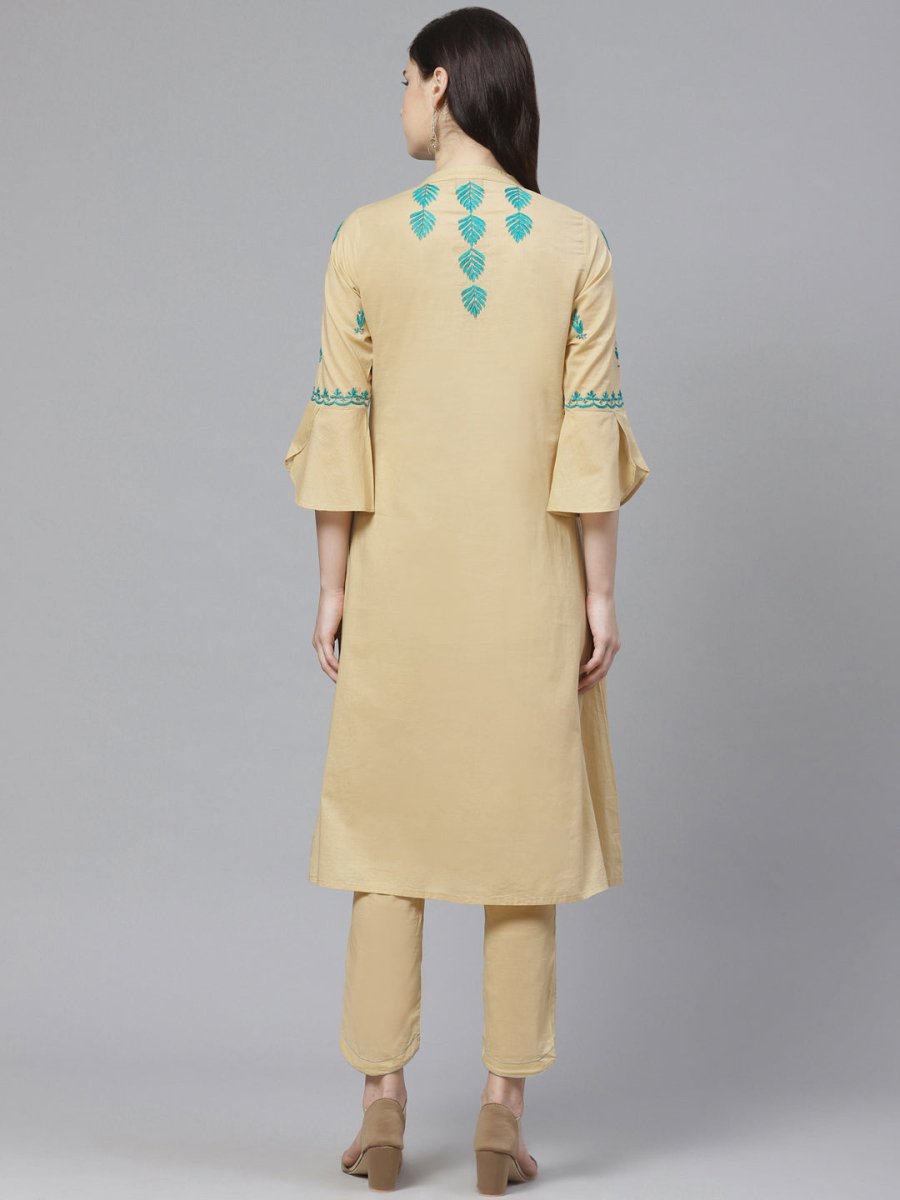 ADA Women Beige & Teal Green Chikankari Embroidered Sustainable Handloom Kurta with Trousers | Swadesiicart