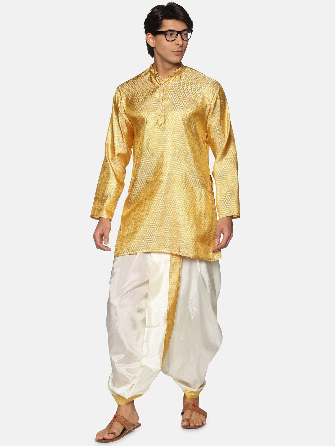 Sethukrishna Men Cream & Golden Solid Dhoti | Swadesiicart
