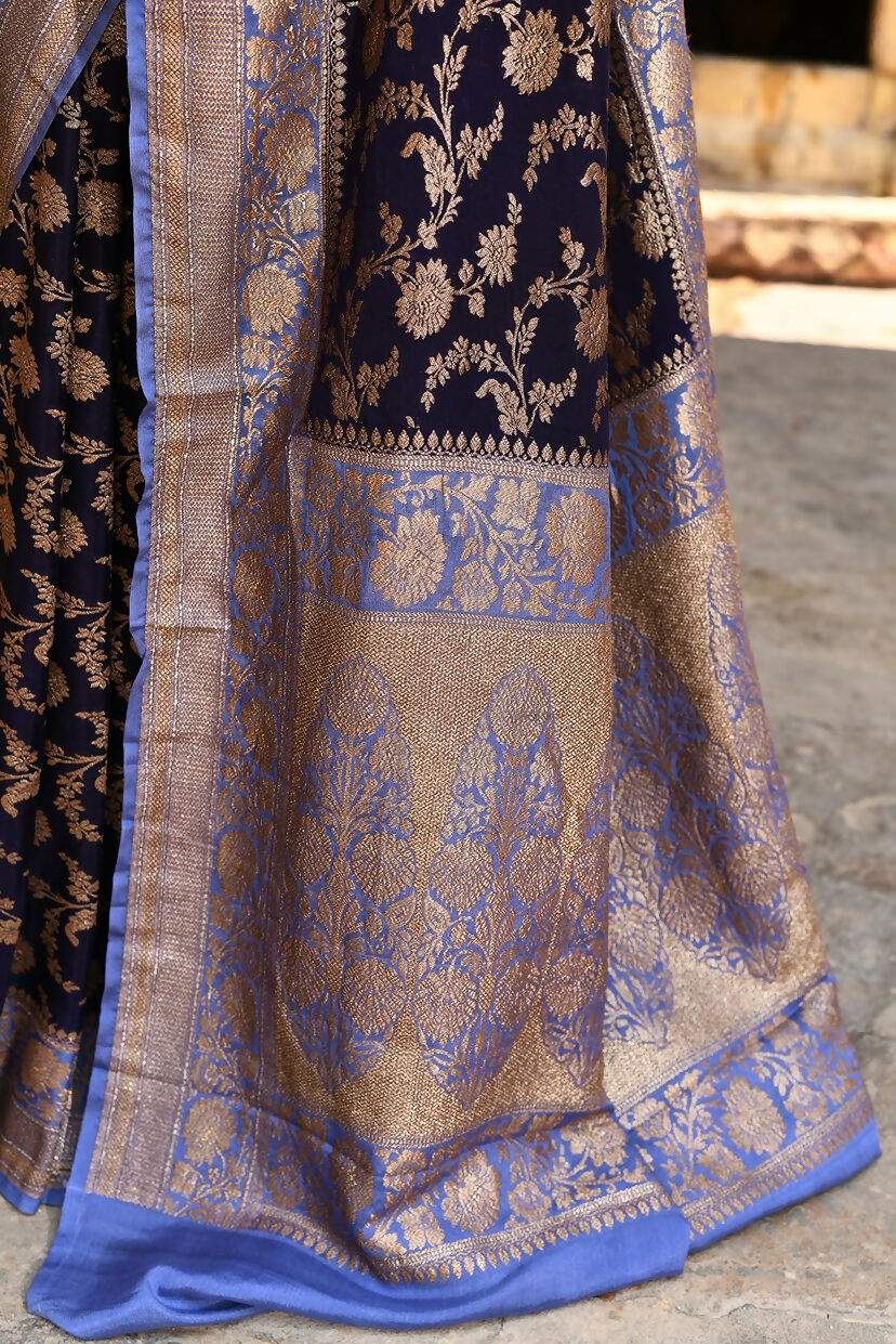 Joban Fashion Navy Blue Crepe Chiffon Pure Handloom Banarasi Silk Saree | Swadesiicart