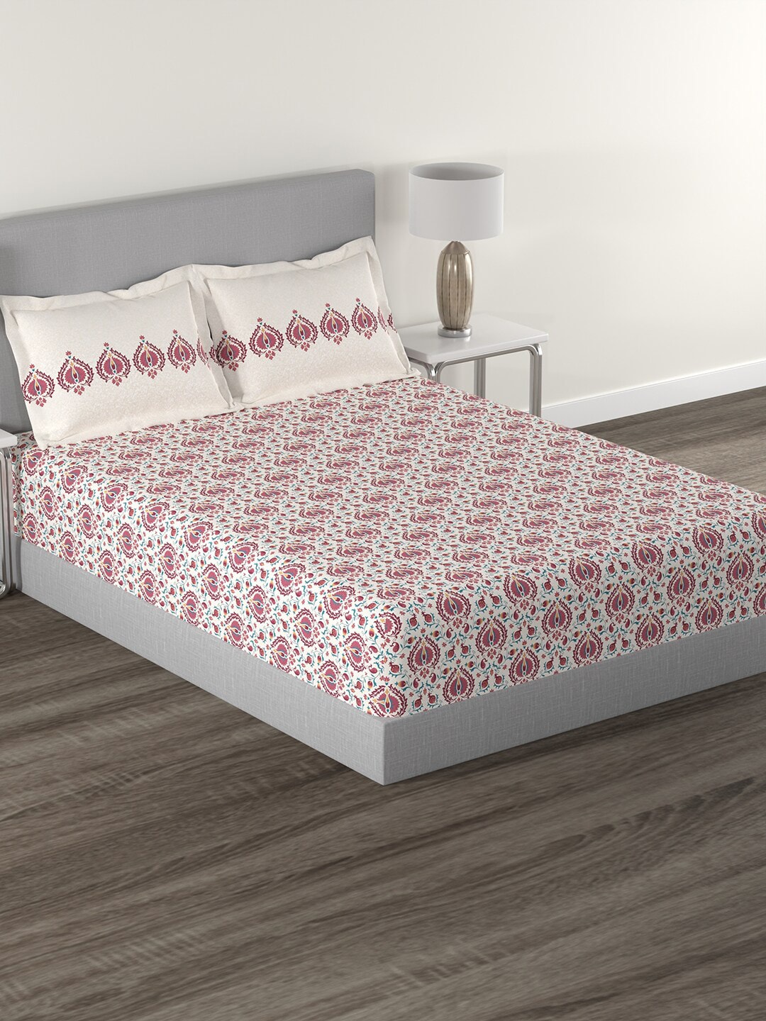 MYTRIDENT White Red Ethnic Motifs 144 TC Cotton Queen Bedsheet With 2 Pillow Covers - Swadesiicart