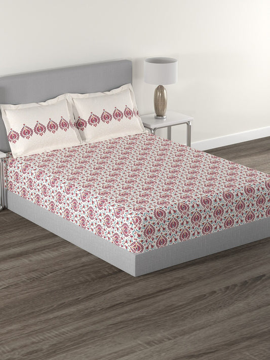 MYTRIDENT White Red Ethnic Motifs 144 TC Cotton Queen Bedsheet With 2 Pillow Covers - Swadesiicart