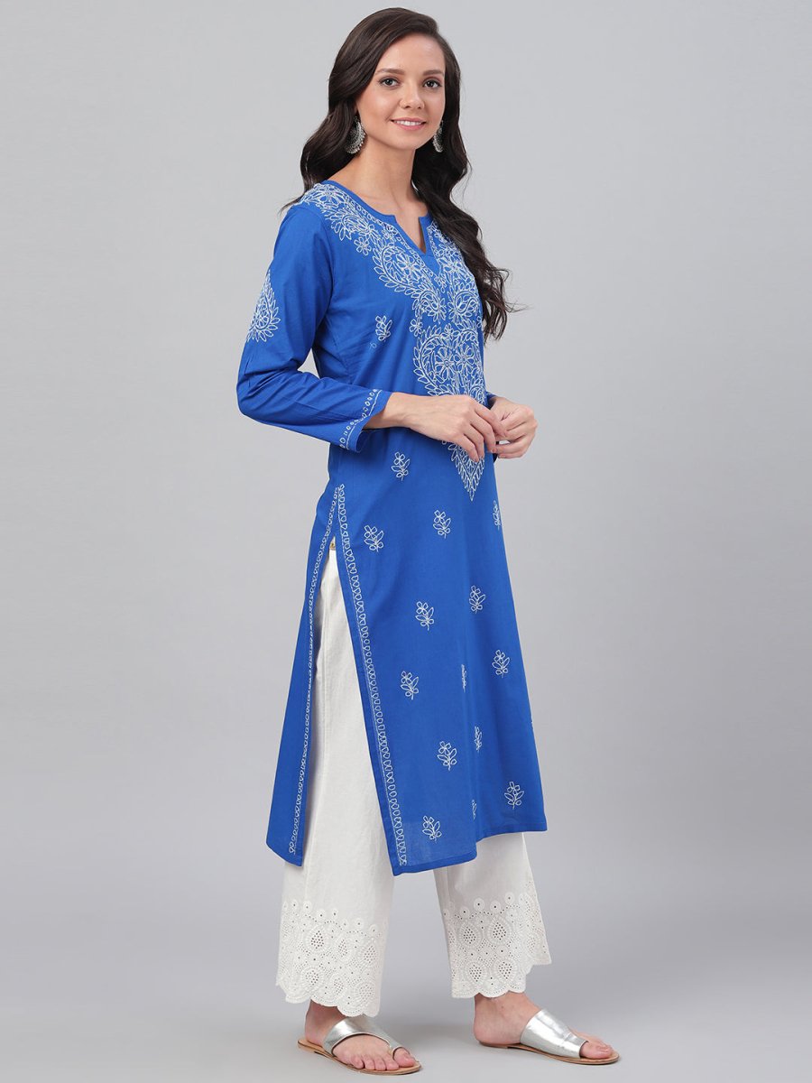 ADA Women Blue & White Chikankari Hand-Embroidered Straight Sustainable Handloom Kurta | Swadesiicart