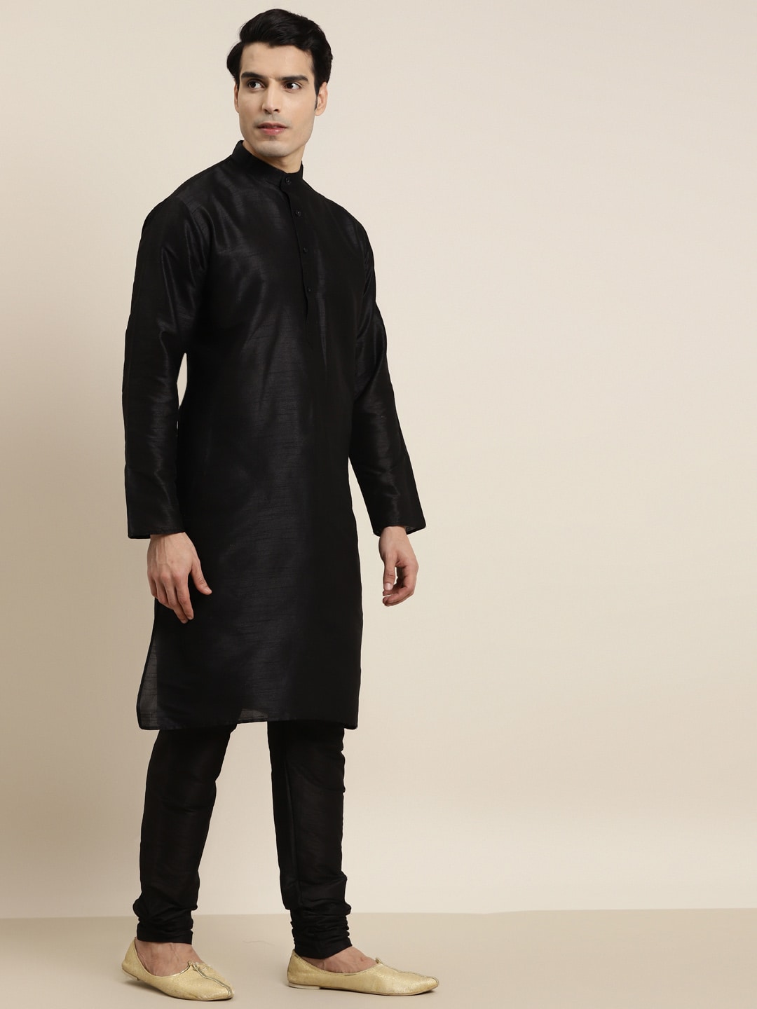 Sojanya Men Black Solid Kurta with Churidar & Nehru Jacket | Swadesiicart