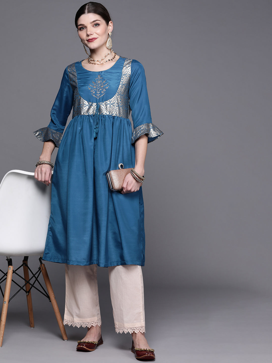 Biba Women Teal Blue & Golden Ethnic Motifs Yoke Design A-Line Kurta - Swadesiicart