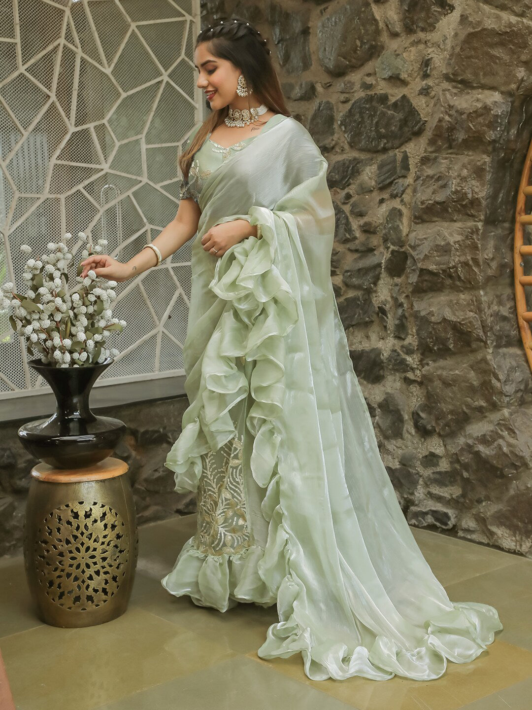 Tikhi Imli Embellished Sequinned Ruffled Ready to Wear Satin Saree | Swadesiicart