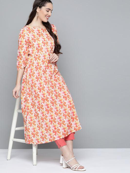 HERE&NOW Women Orange & White Ethnic Motifs Printed Kurta - Swadesiicart