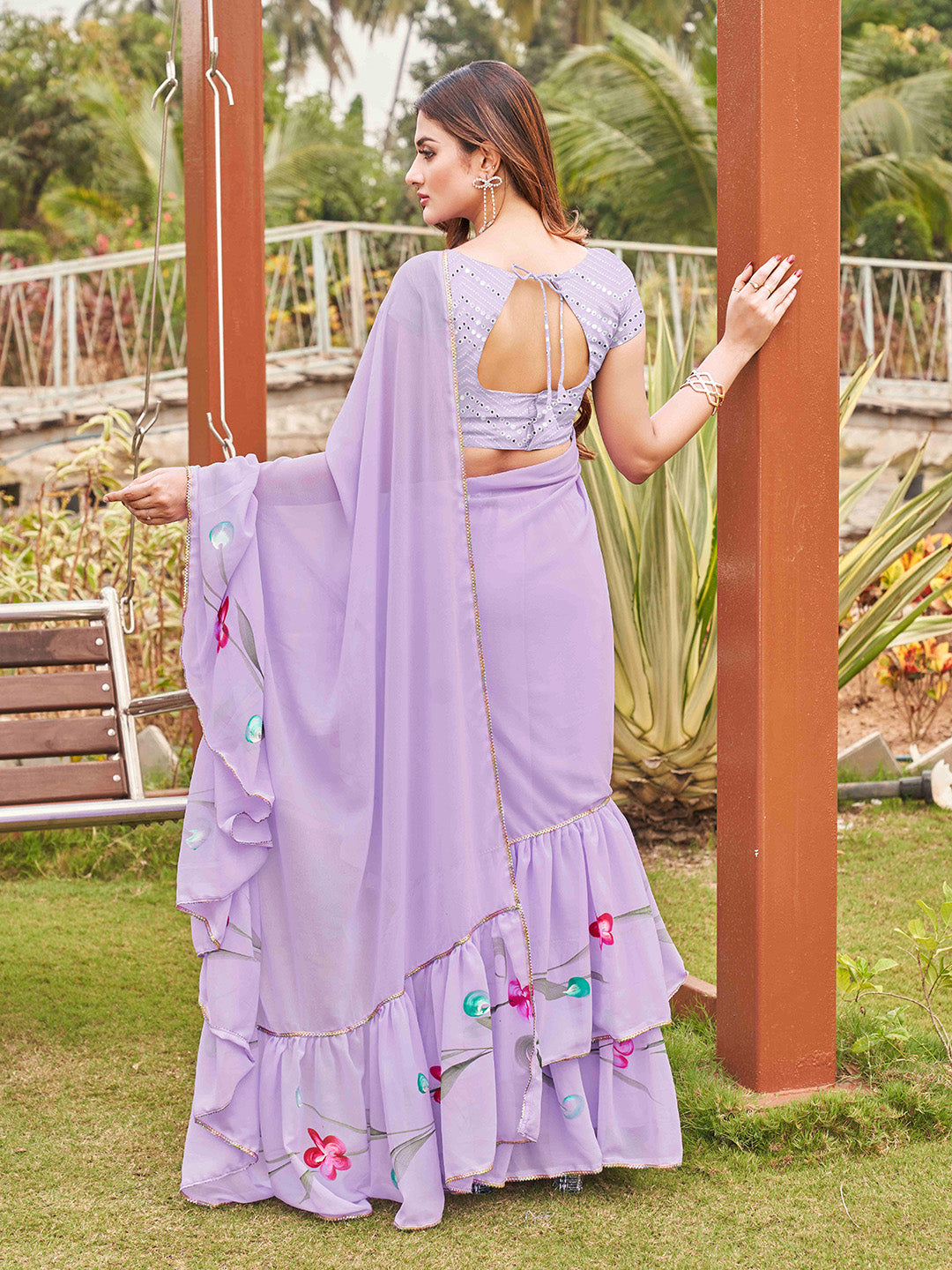 Tikhi Imli Printed Ruffle Saree With Mirror Embroidered Work Blouse | Swadesiicart