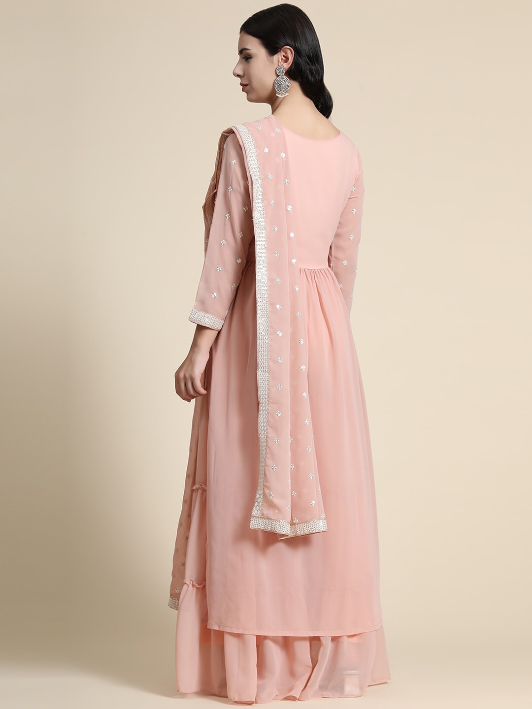 Kalini Women Peach-Coloured Ethnic Motifs Embroidered Empire Thread Work Kurta with Sharara & With Dupatta | Swadesiicart