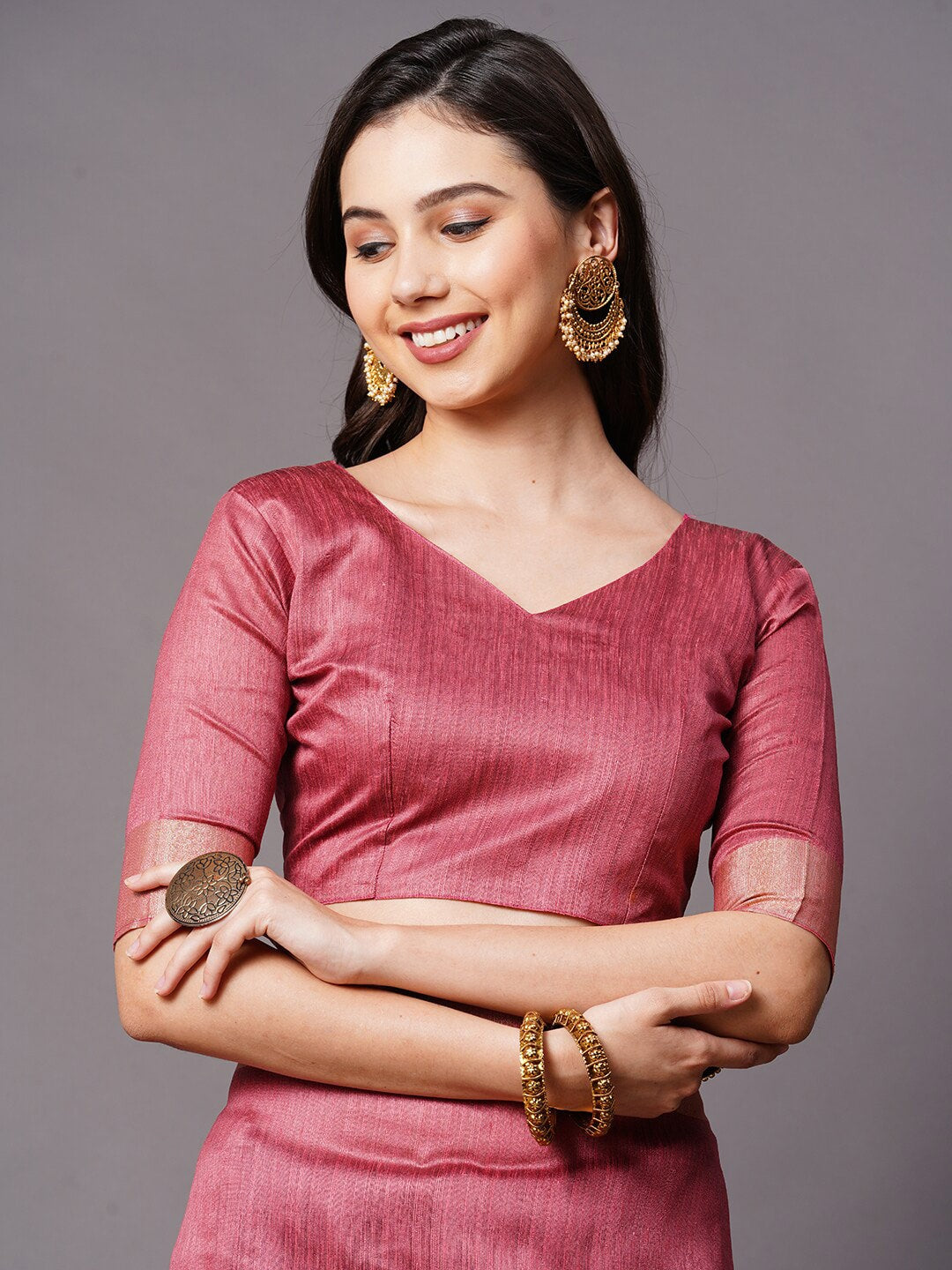 Mitera Mauve & Gold-Toned Silk Cotton Banarasi Saree | Swadesiicart