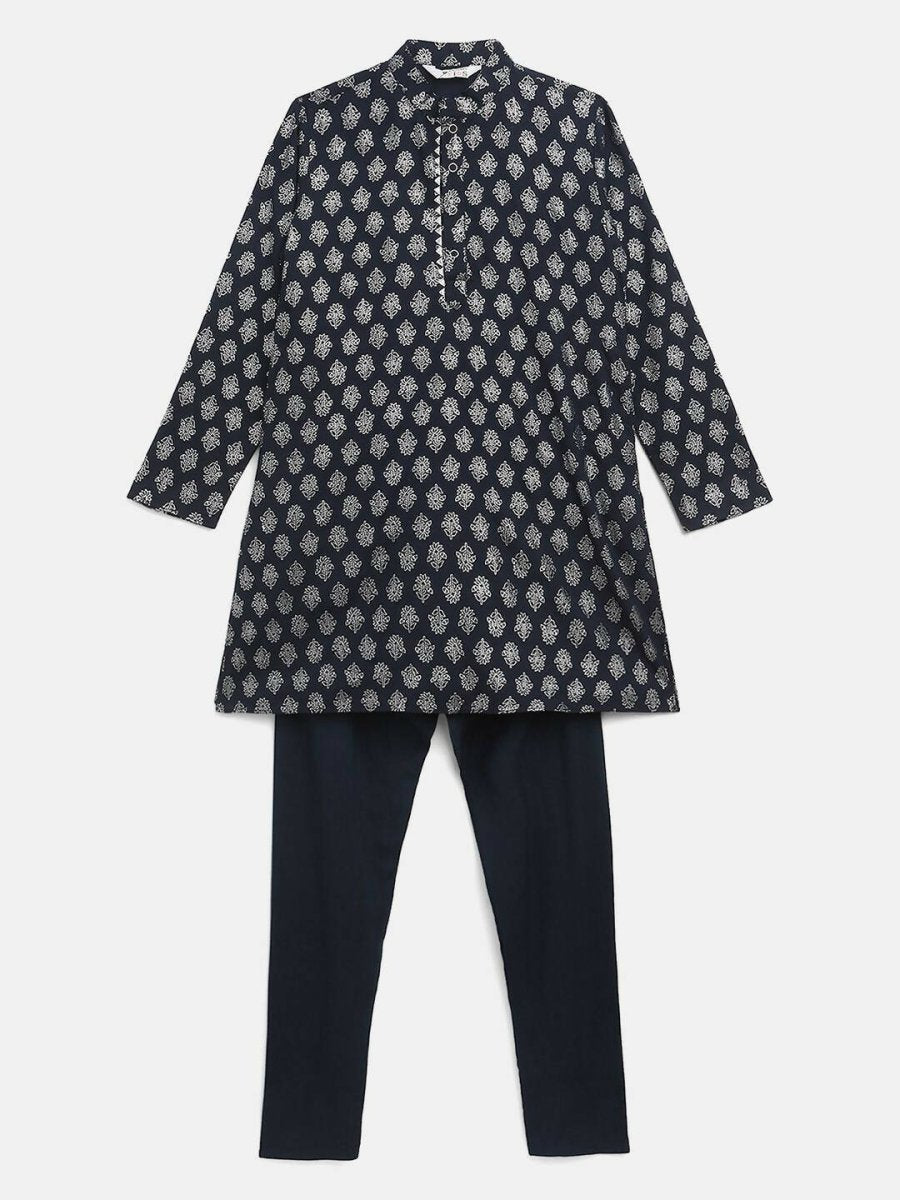 Ahalyaa Navy Blue Poly Rayon Silver Foil Print Kids Kurta Churidar Set For Boys | Swadesiicart