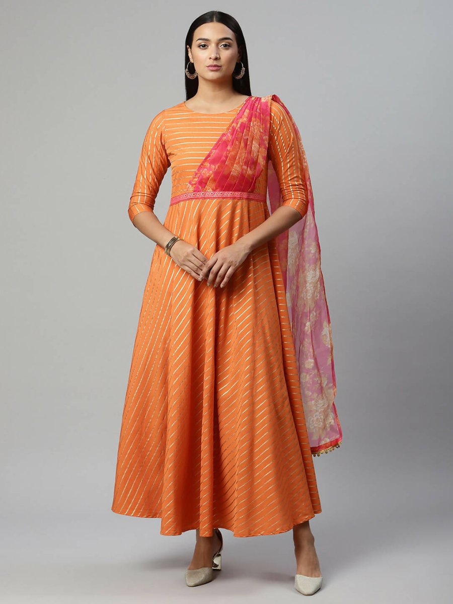 Ahalyaa Women's Orange Crepe Gold Print Dress | Swadesiicart