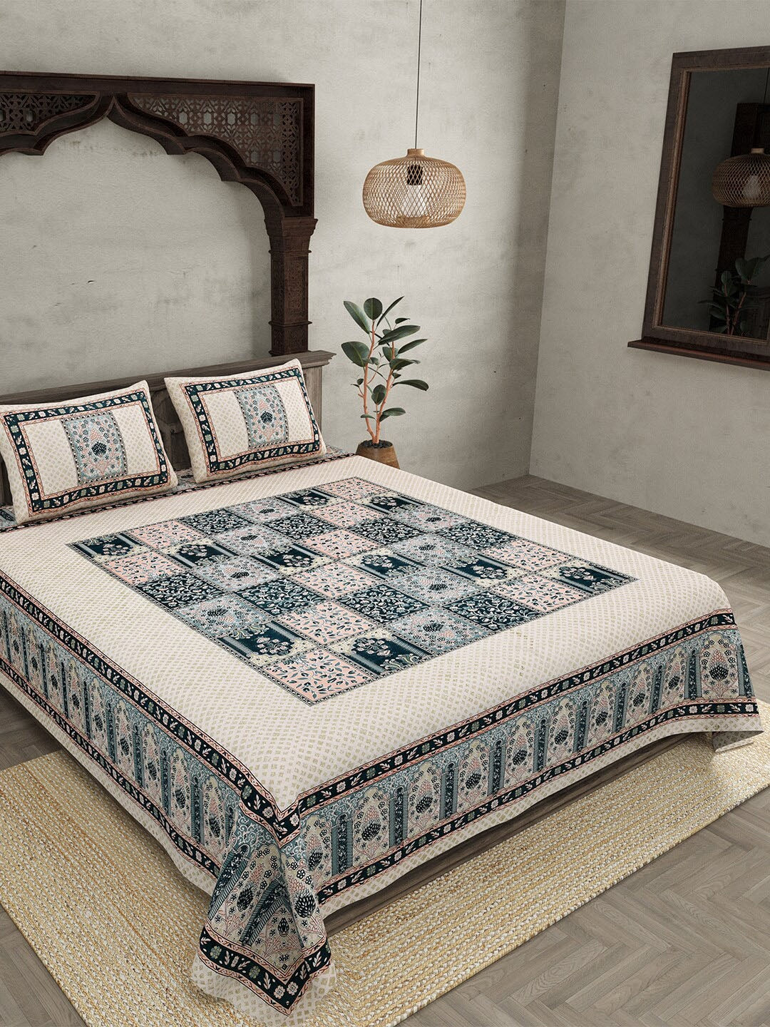 JAIPUR FABRIC Beige & Green Ethnic Motifs Cotton 210 TC Queen Bedsheet & 2 Pillow Covers | Swadesiicart