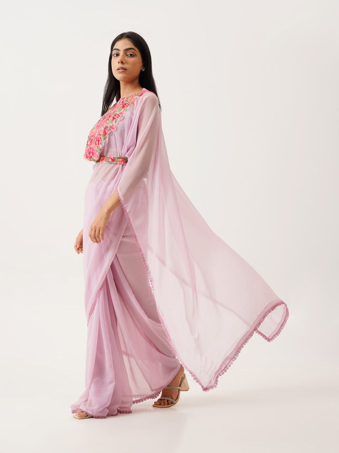 Tikhi Imli Lavender & Pink Floral Embroidered Belted Saree | Swadesiicart