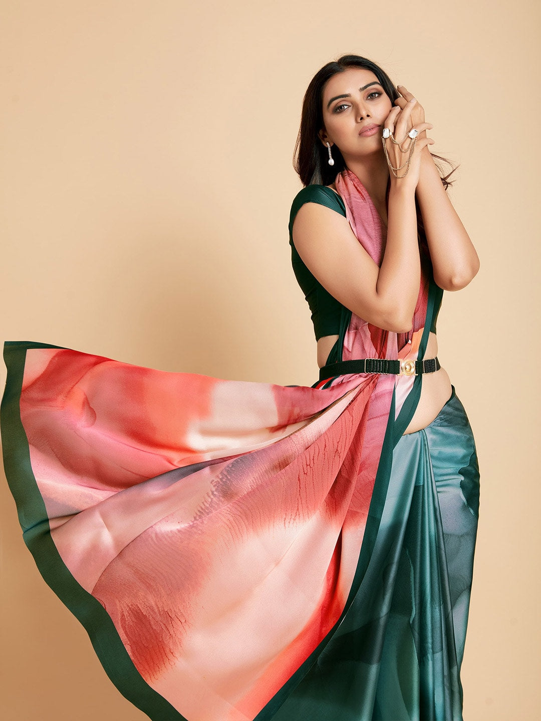 Sangria Peach-Coloured & Blue Satin Ready to Wear Saree | Swadesiicart