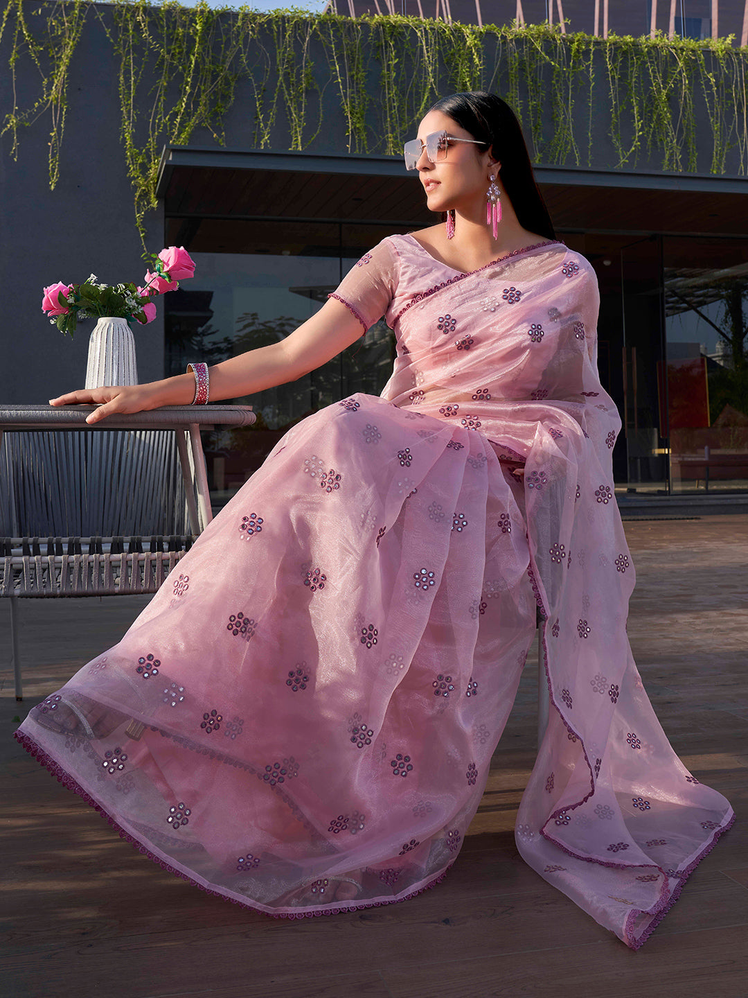 Tikhi Imli Floral Mirror Work Organza Saree | Swadesiicart