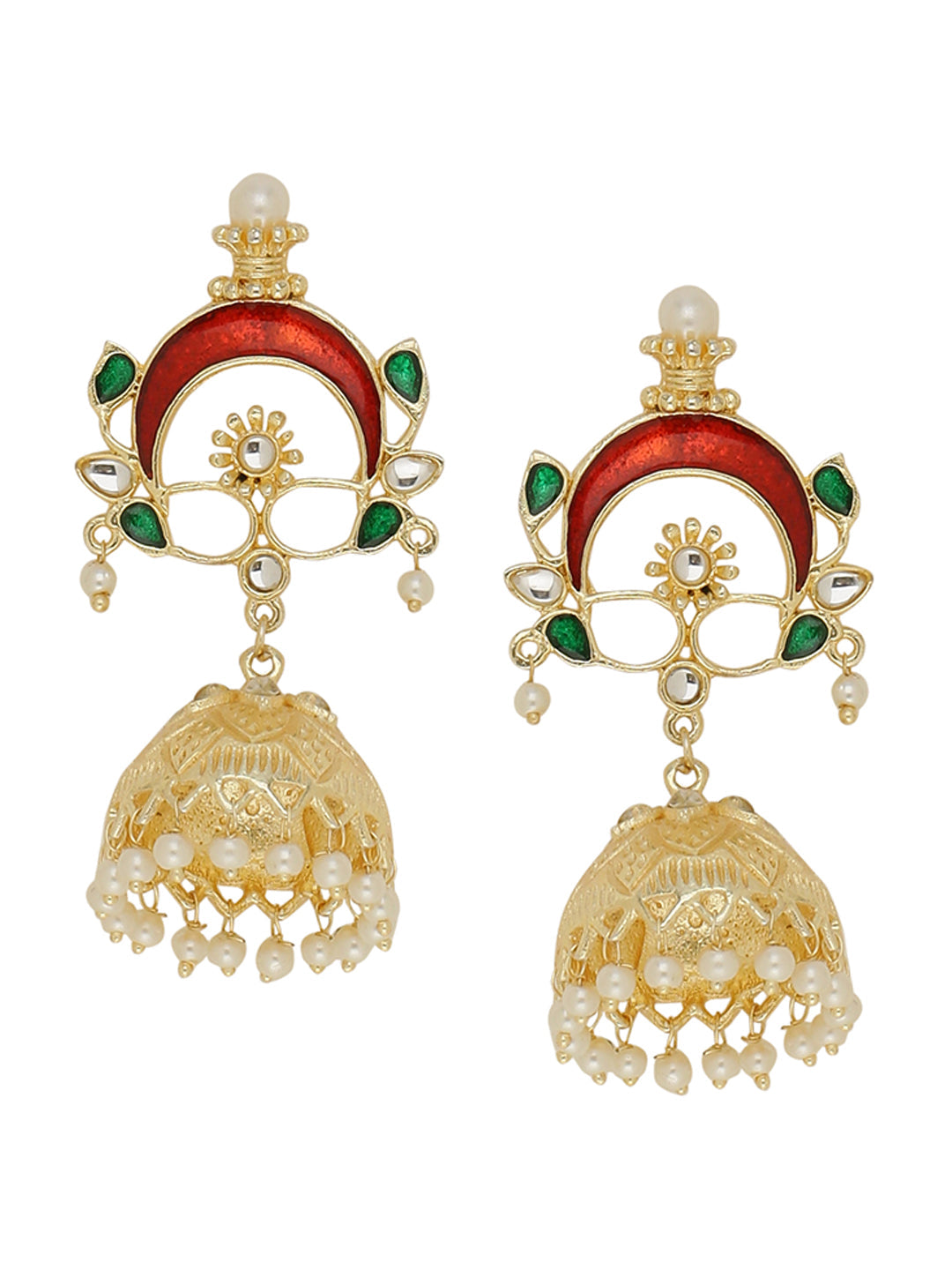 Shoshaa Gold-Polished & Red Enamelled Classic Jhumkas | Swadesiicart