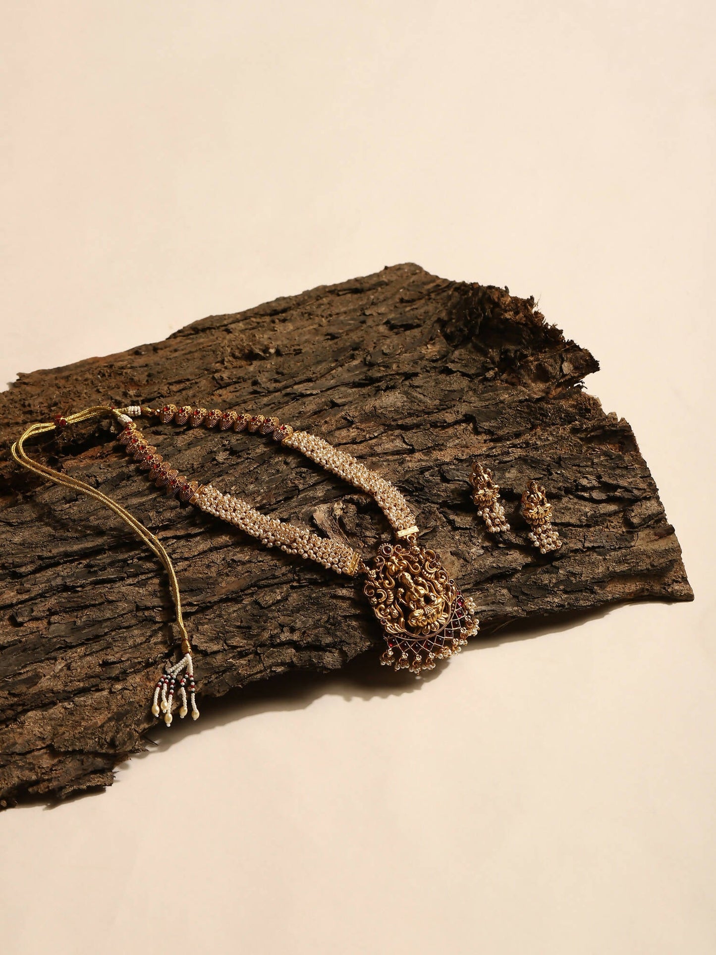 Gold-Polished Pink White Stones-Studded Beaded Jewellery Set - Ruby Raang - Swadesiicart