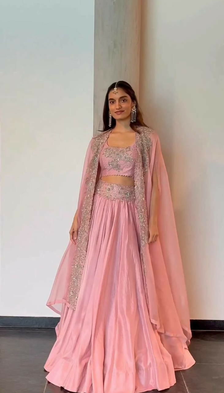 Jyoti Fashion Women's Pink Chinon Sequins with Thread Embroidered Designer Lehenga Choli with Shrug Set | Swadesiicart