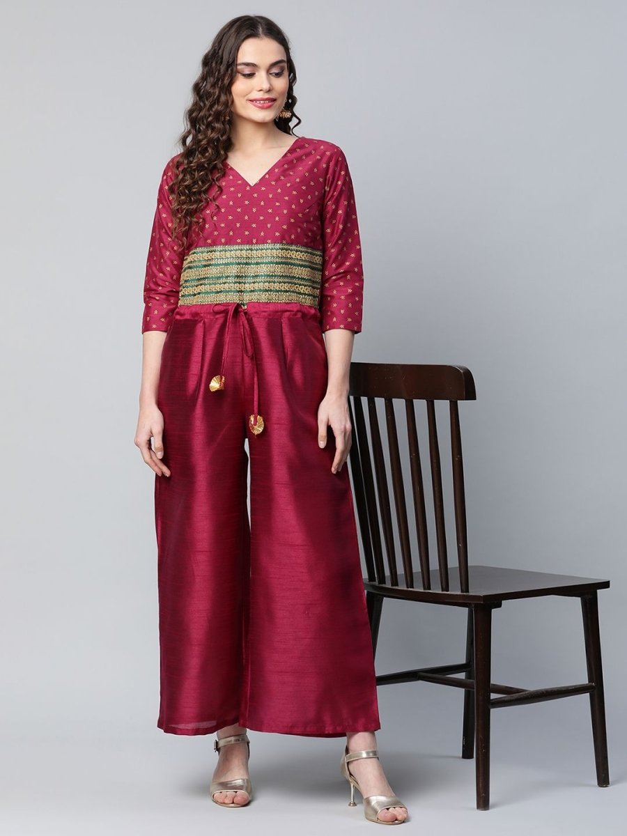 Ahalyaa Womens Burgundy crepe Printed Jumpsuit | Swadesiicart