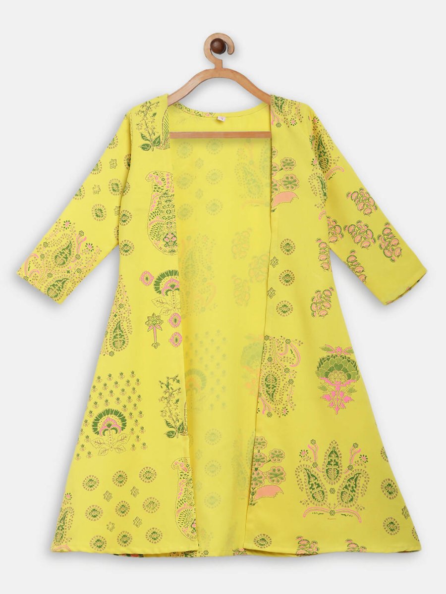 Ahalyaa Yellow Viscose Rayon Printed Kids Top & Palazzo Sets With Jacket For Girls | Swadesiicart