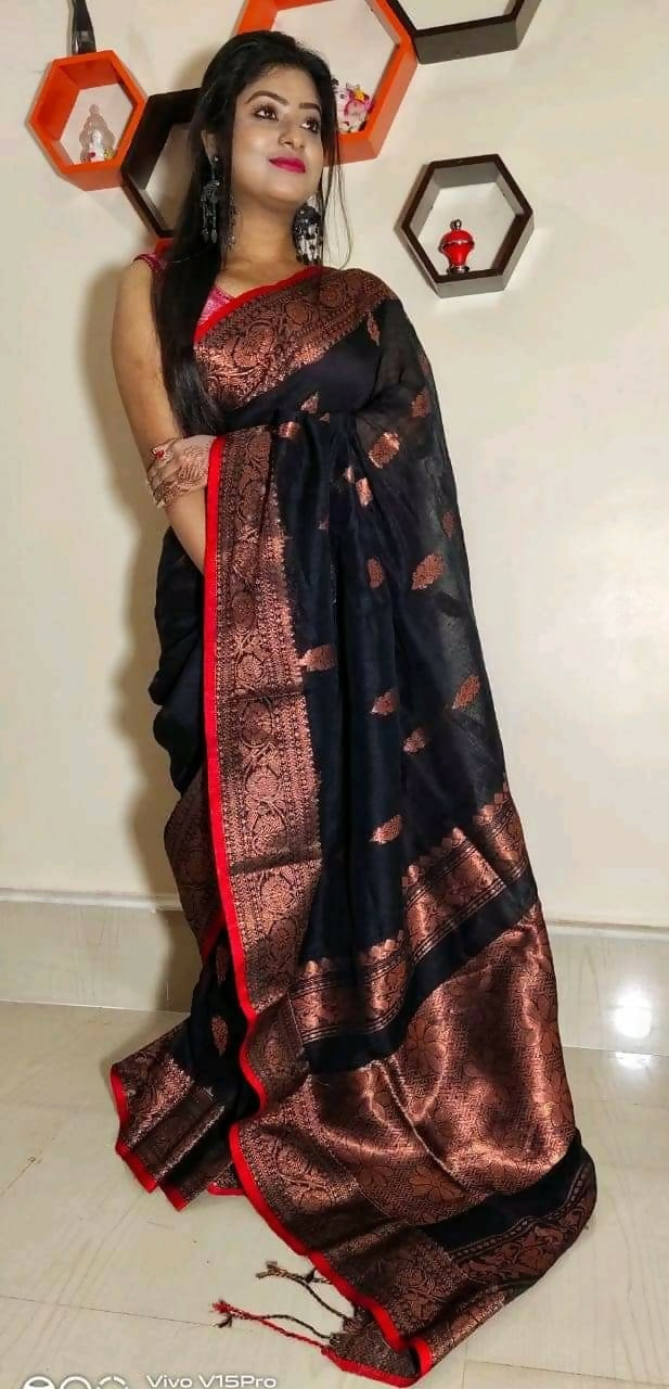 Exclusive Collection Beautiful Linen Banarashi Black Pure Cotton Handloom Saree With Running Blouse Piece - Swadesiicart