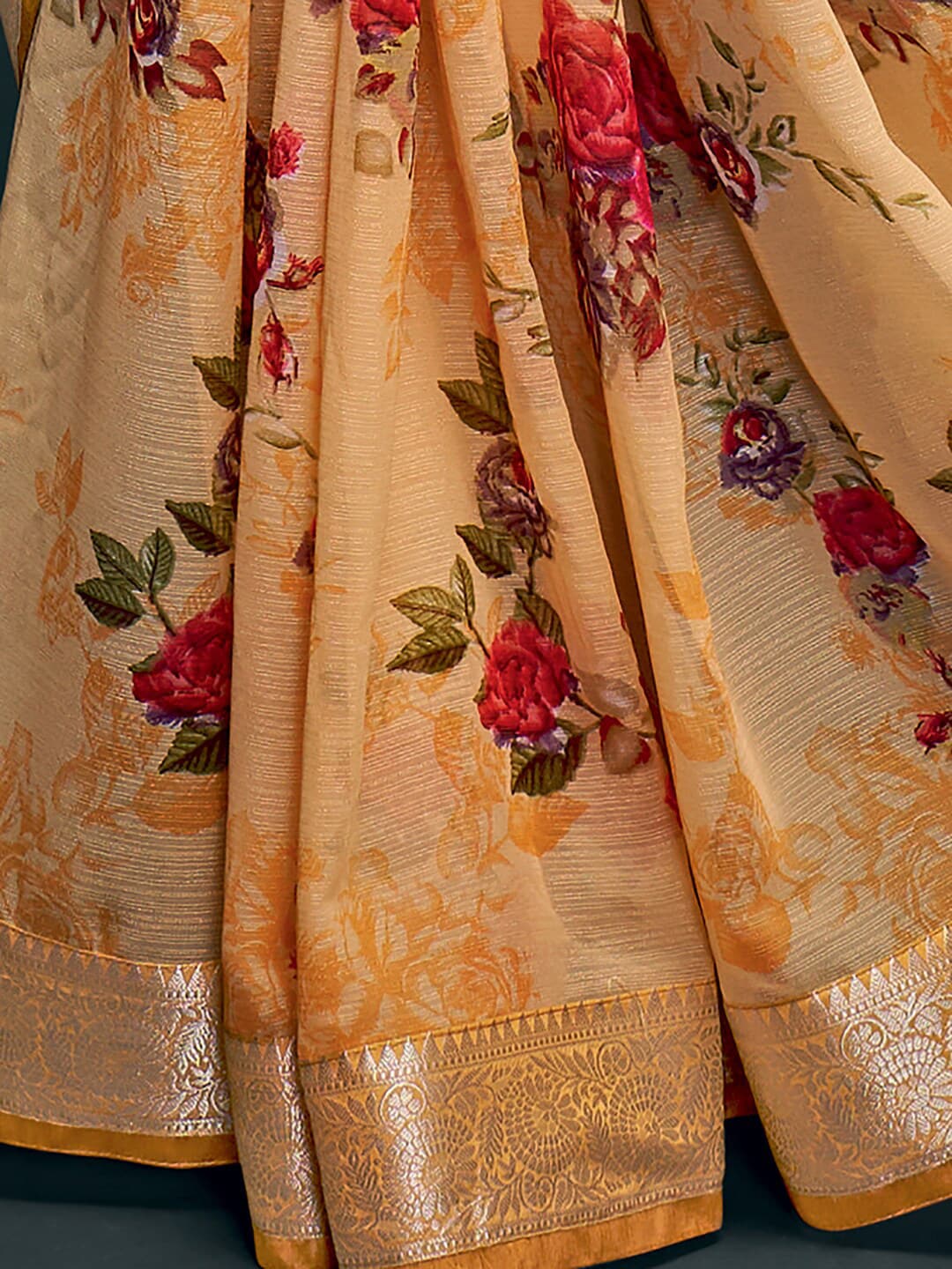 Saree Mall Yellow & Gold-Toned Floral Pure Georgette Banarasi Saree | Swadesiicart