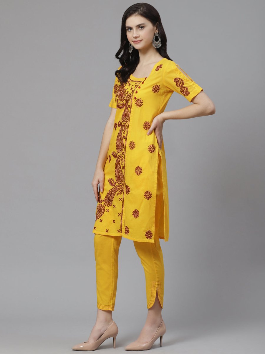 ADA Women Yellow & Maroon Paisley Chikankari Embroidered Sustainable Handloom Kurta with Trousers | Swadesiicart