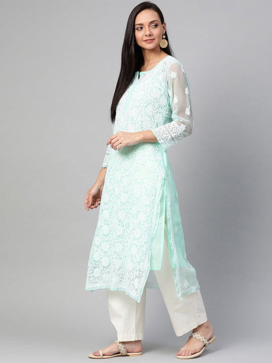 ADA Women Sea Green & White Chikankari Hand Embroidered Straight Sustainable Handloom Kurta | Swadesiicart