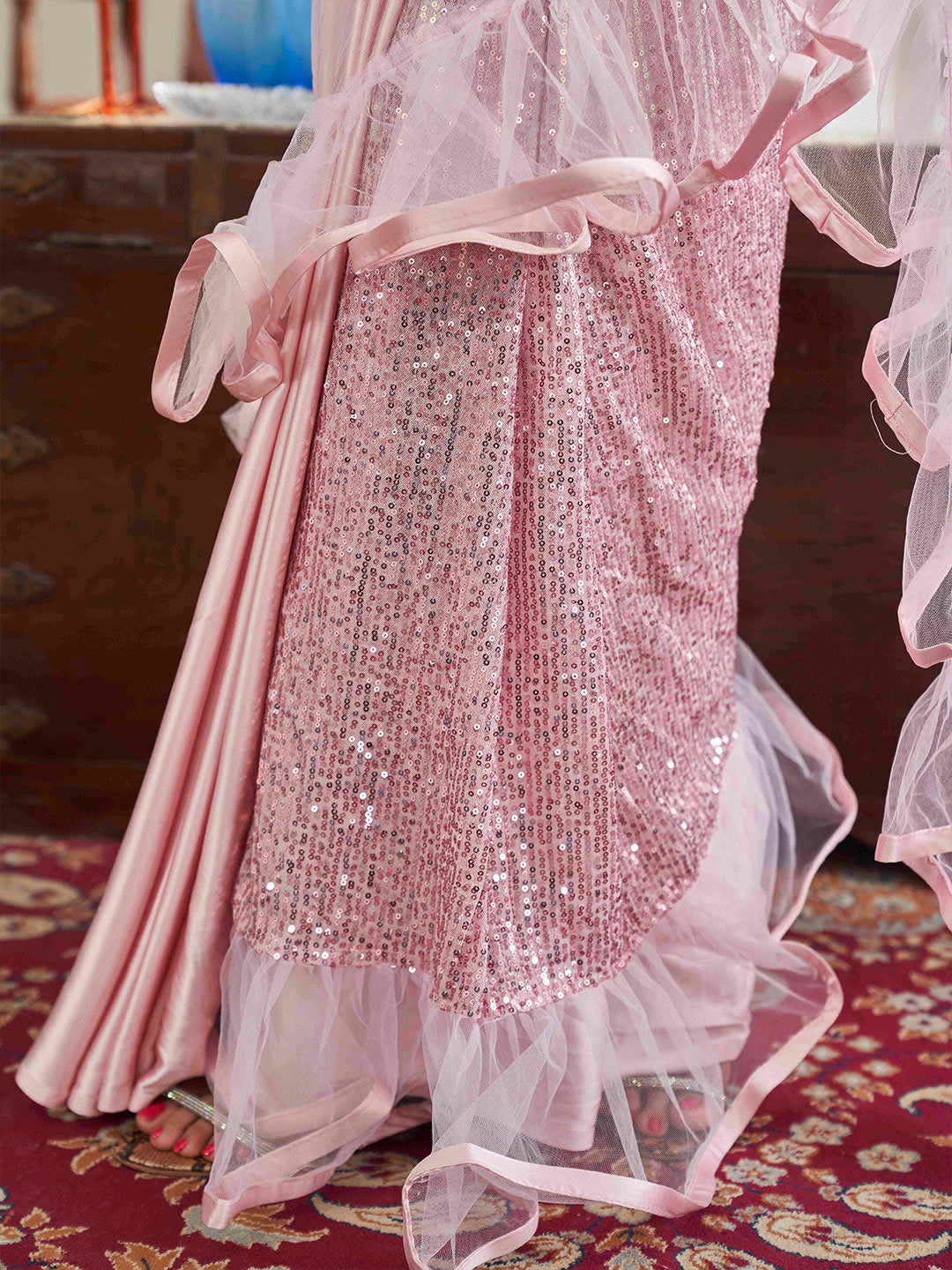 Tikhi Imli Floral Sequinned Satin Half and Half Saree | Swadesiicart