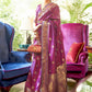 Mitera Magenta & Gold-Toned Floral Zari Silk Blend Banarasi Saree | Swadesiicart