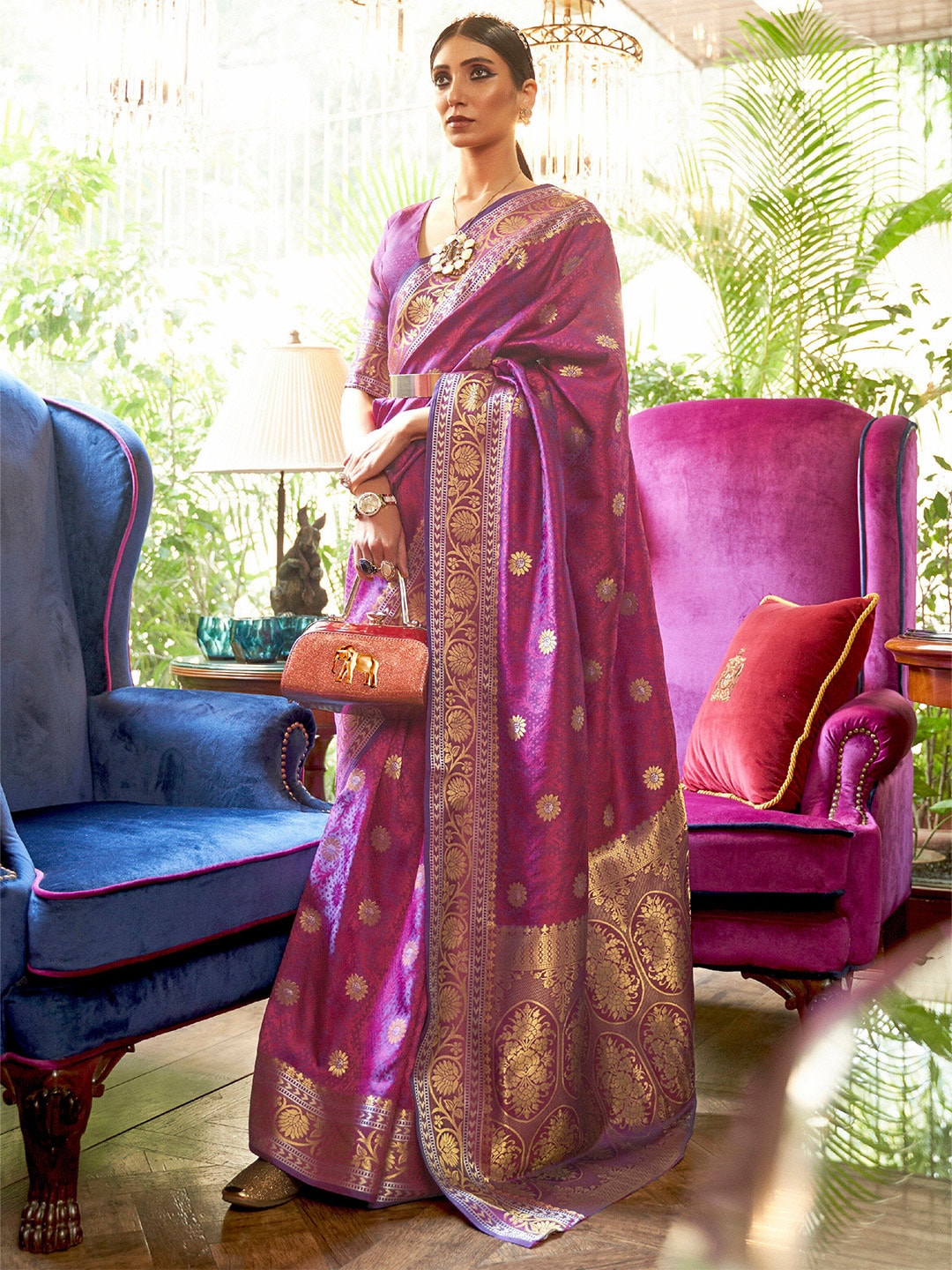 Mitera Magenta & Gold-Toned Floral Zari Silk Blend Banarasi Saree | Swadesiicart