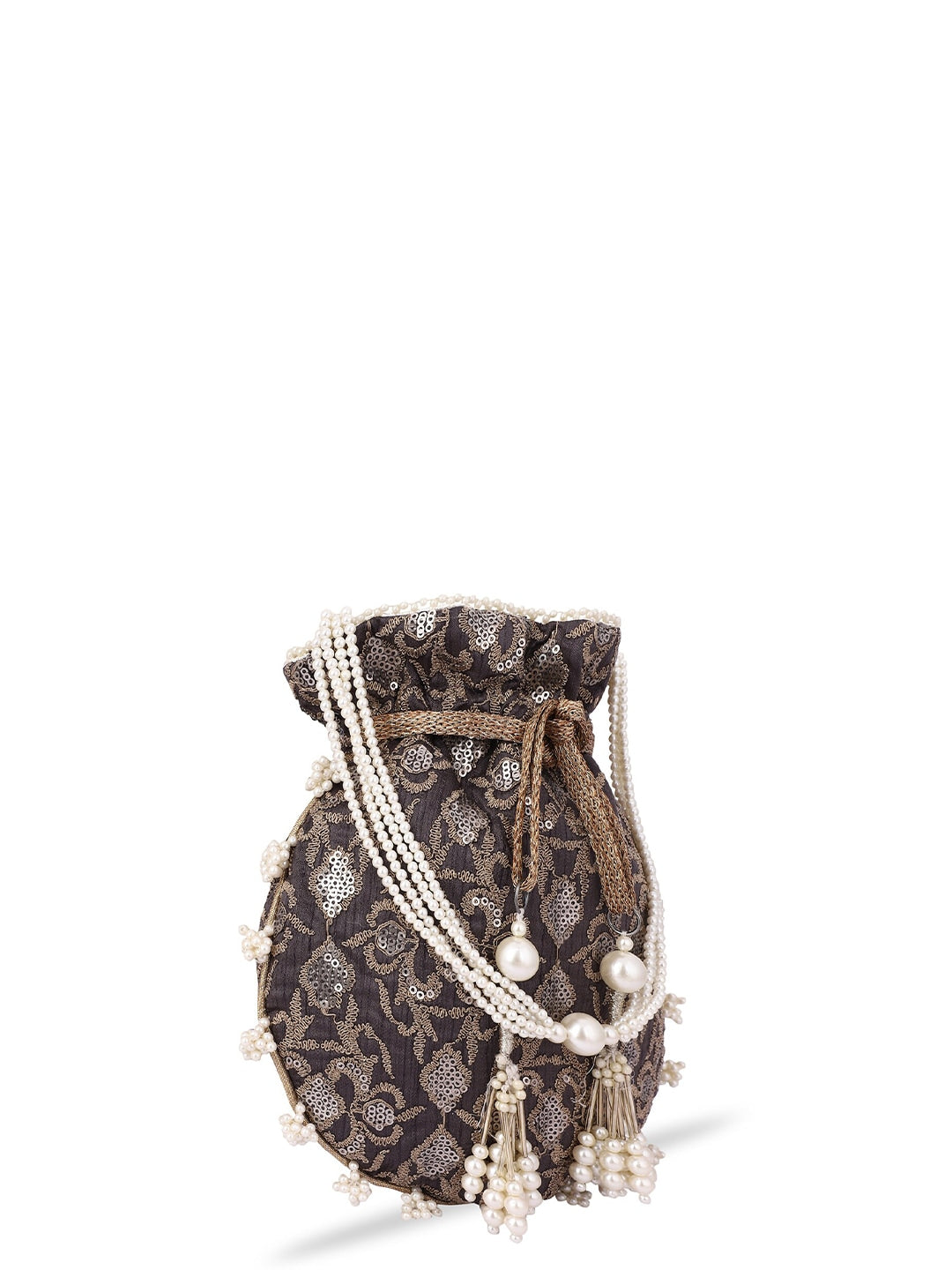 Masq Black & White Pearl & Sequinned Work Embellished Potli Clutch - Swadesiicart