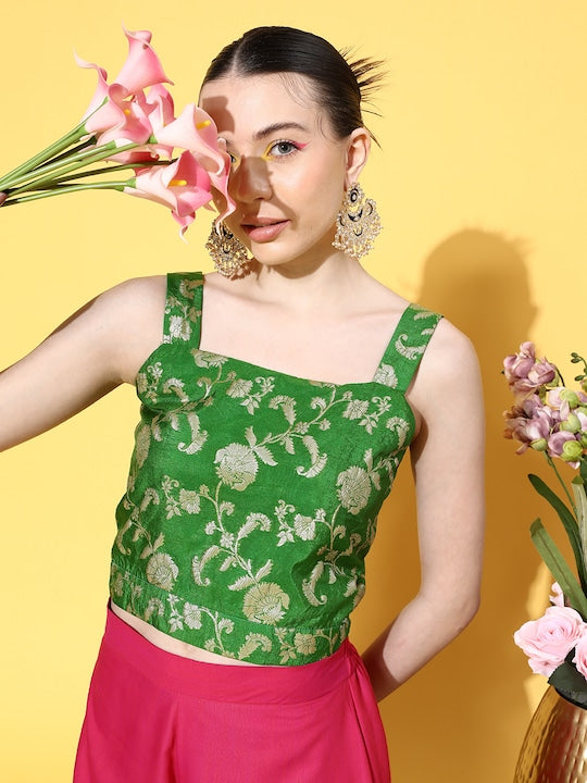 InWeave Women's Green Brocade Strappy Top W Fuchsia Green Brocade Palazzo Set - Swadesiicart