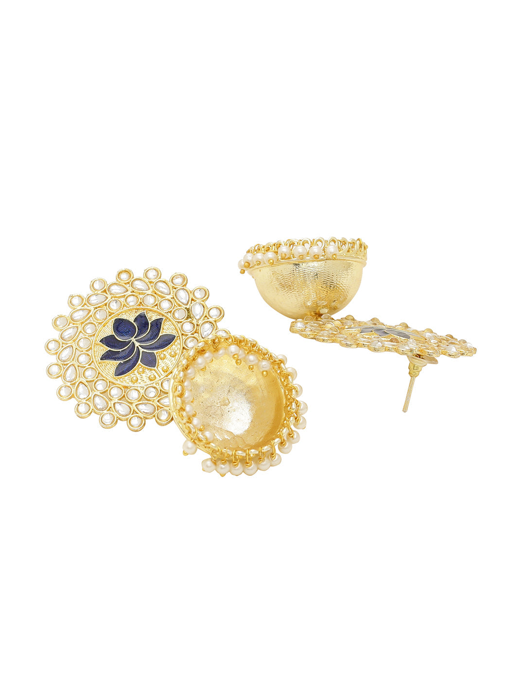 Shoshaa Gold-Polished Navy Blue Kundan-Studded Classic Jhumkas | Swadesiicart