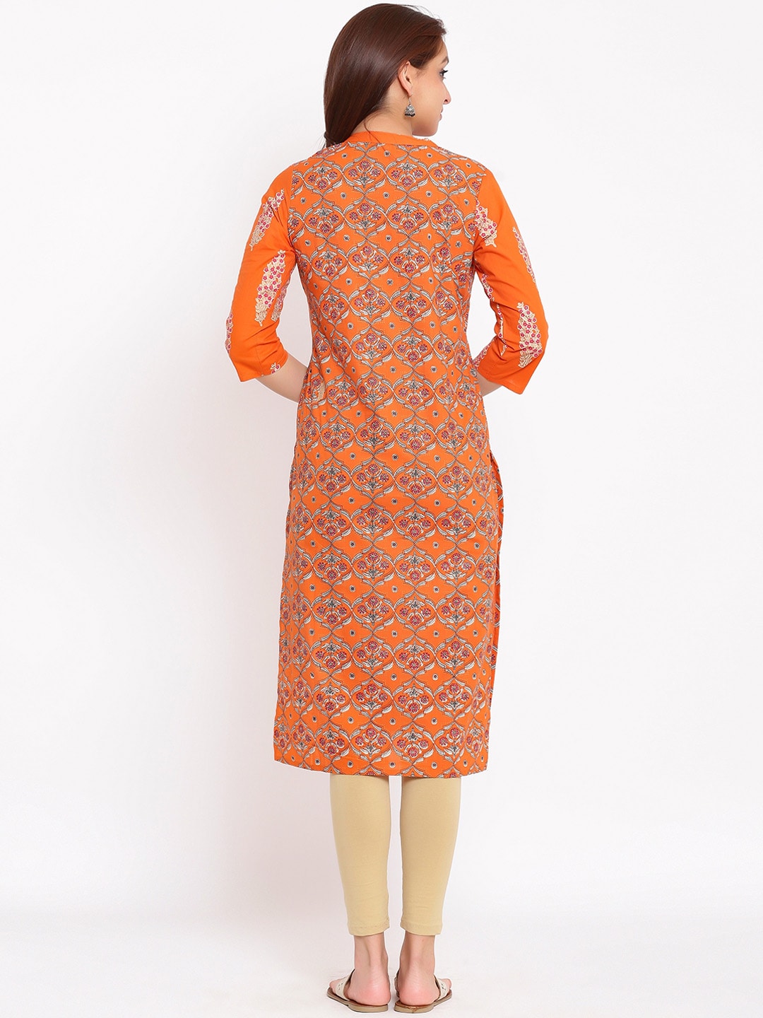 HERE&NOW Orange & White Ethnic Motifs Printed Straight Kurta - Swadesiicart