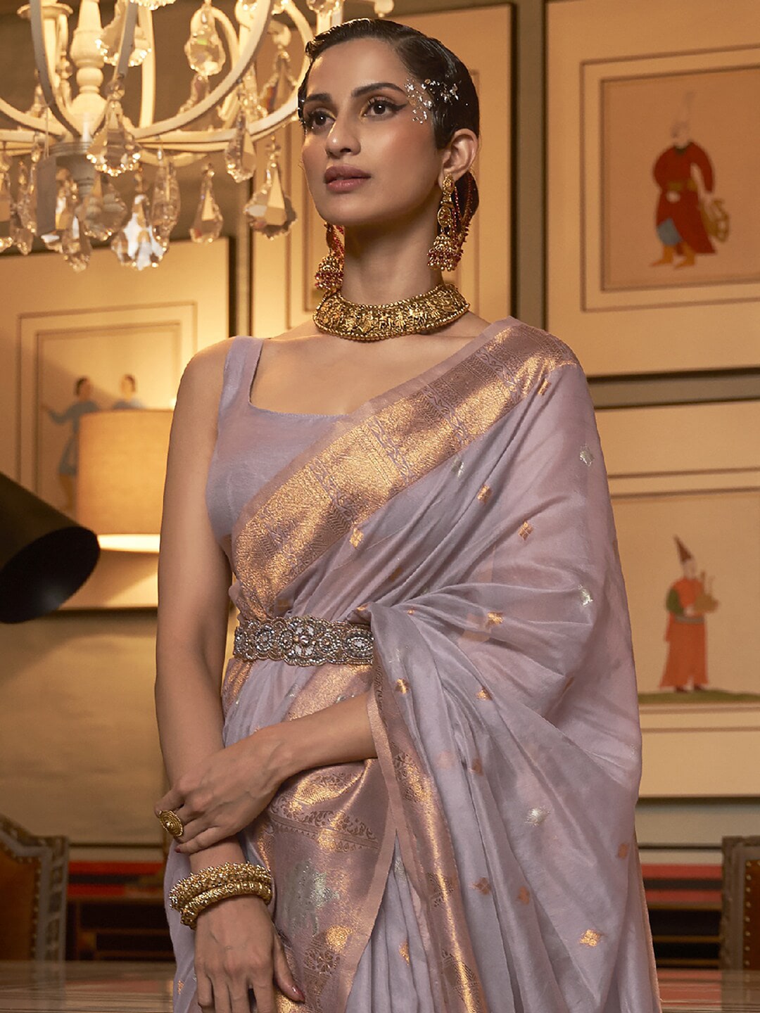 Mitera Lavender & Gold-Toned Ethnic Motifs Zari Silk Blend Banarasi Saree | Swadesiicart