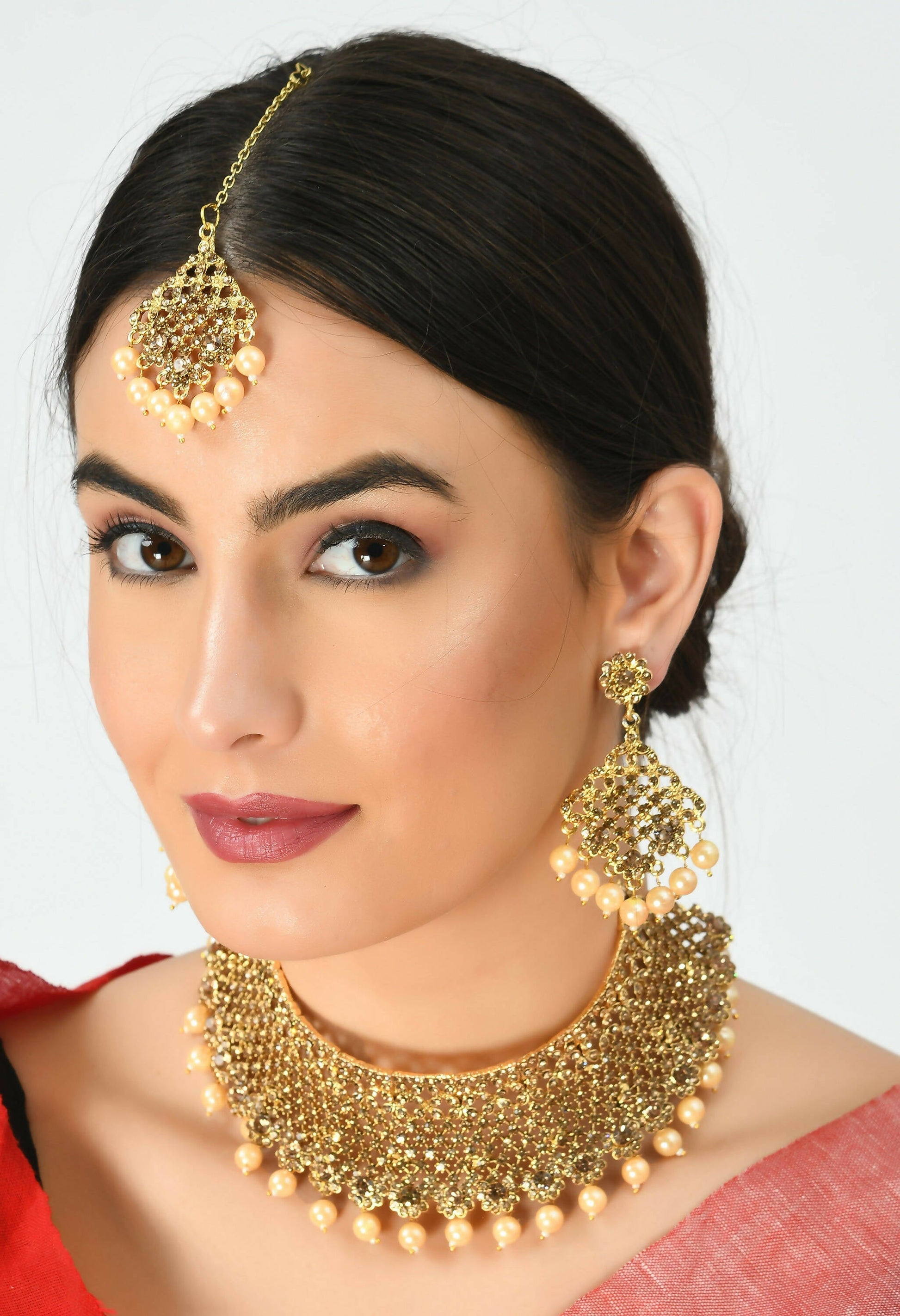 Mominos Fashion Johar Kamal Traditional Rajwadi Design Heavy Golden Color Necklace Set - Swadesiicart