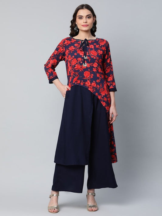 Ahalyaa Women's Navy Blue Rayon Wax Printed Kurta Palazzo Set | Swadesiicart