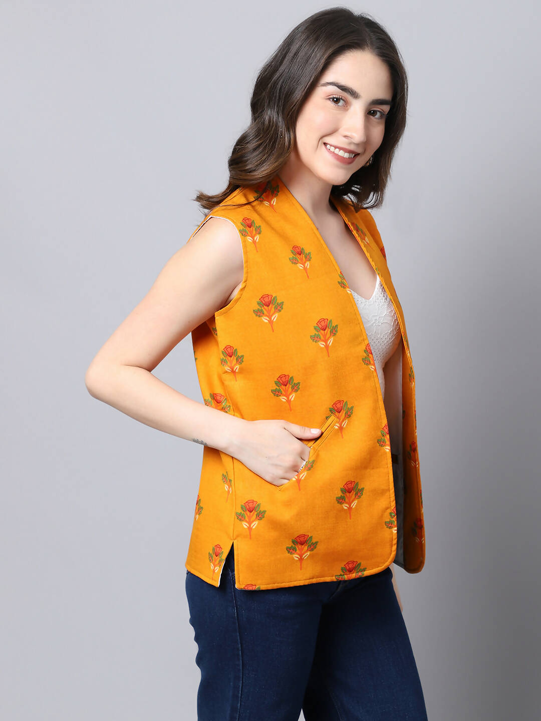 Even Apparels Yellow 100% Viscose Rayon Open Front Gillet (BF009) | Swadesiicart