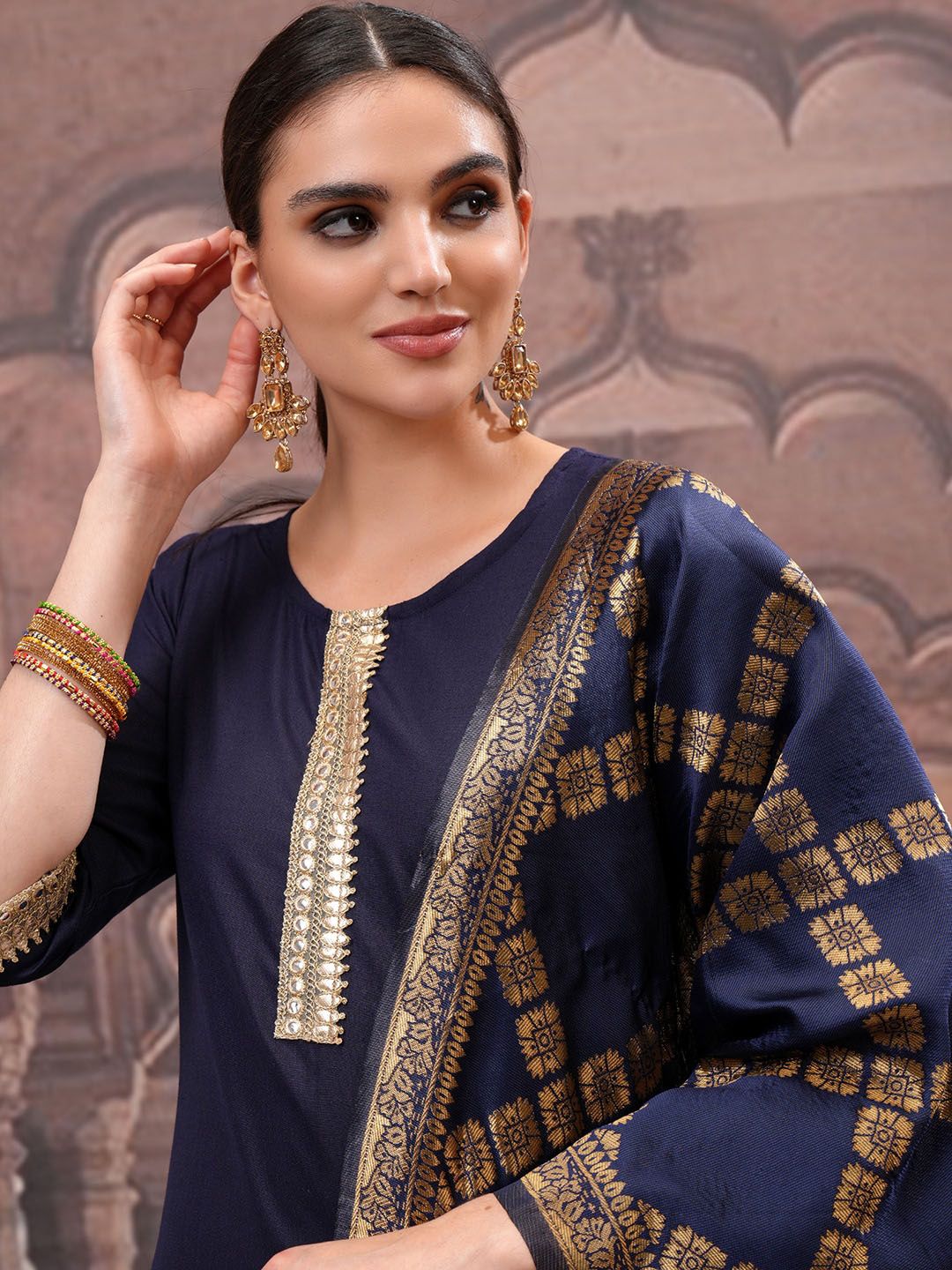 Vishudh Navy Blue Mirror Work Zari Straight Kurta with Palazzo & Dupatta - Swadesiicart