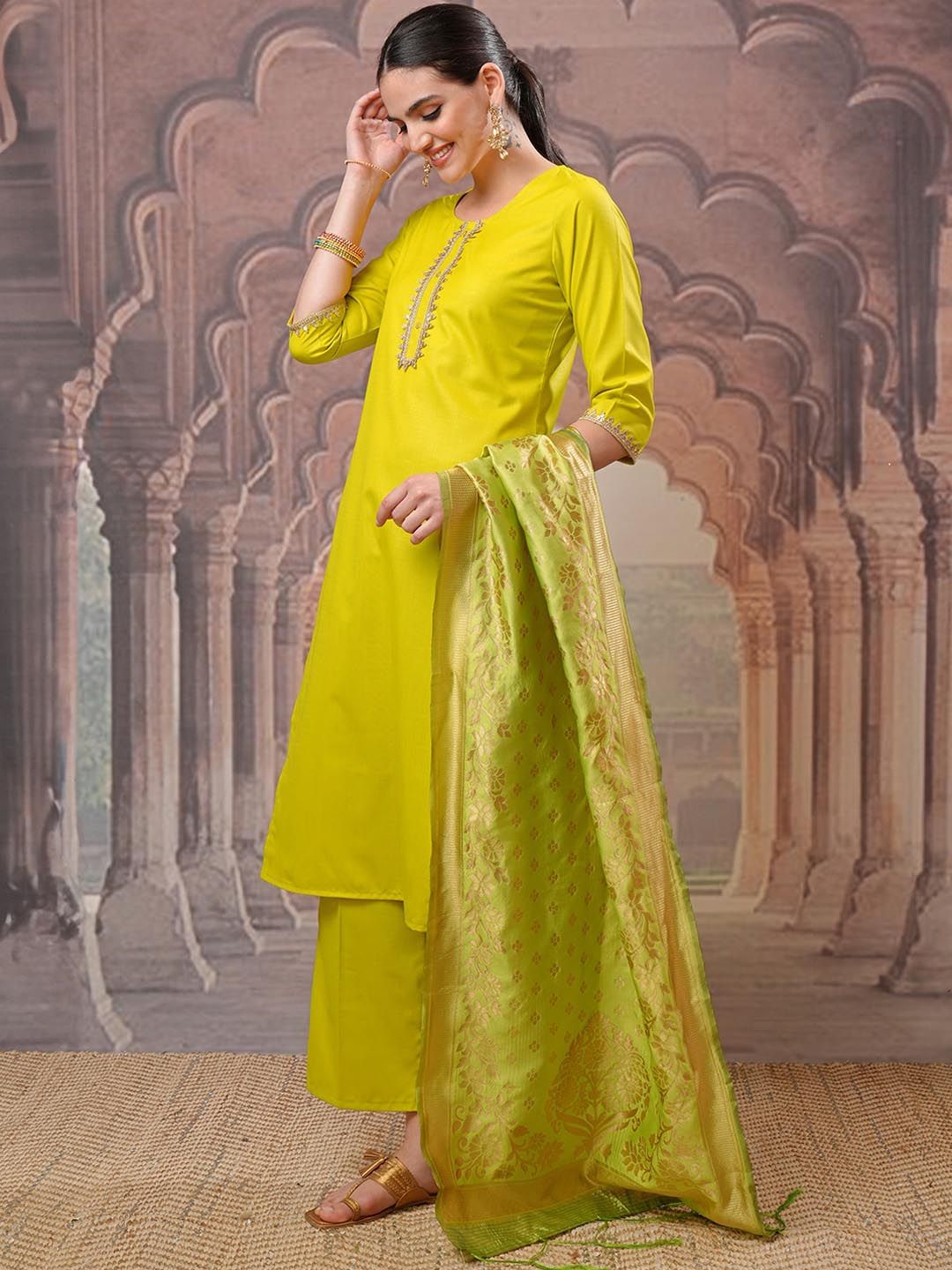 Vishudh Lime Green Gotta Patti Straight Kurta with Palazzo & Dupatta - Swadesiicart