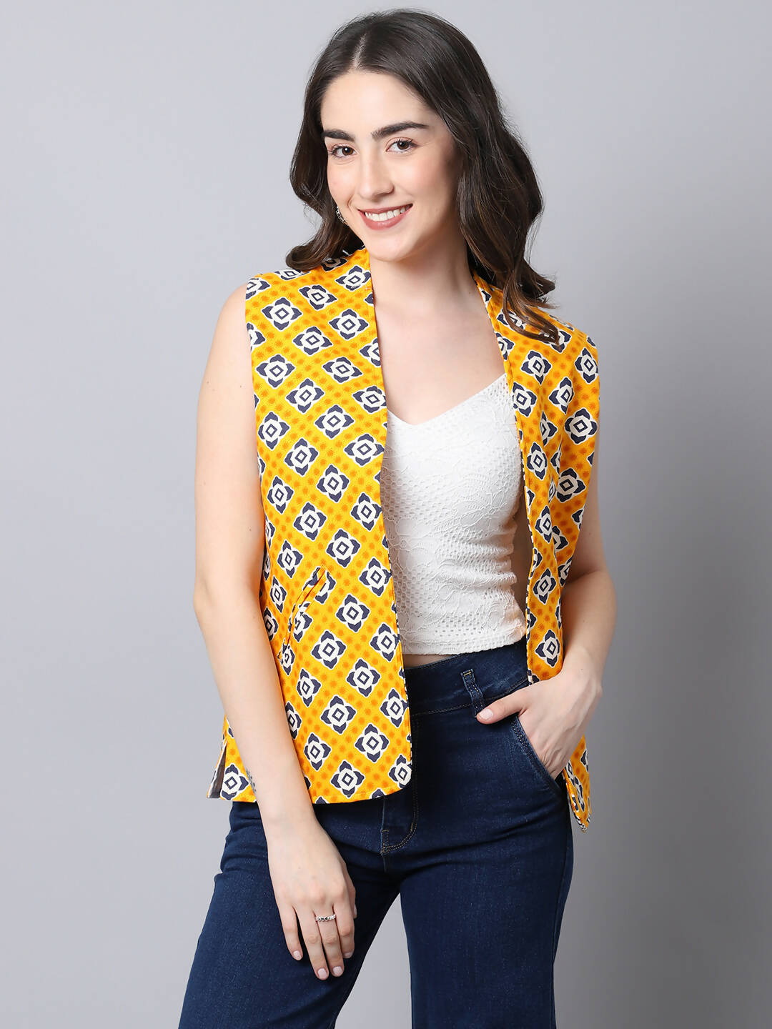 Even Apparels Yellow 100% Viscose Rayon Open Front Gillet | Swadesiicart