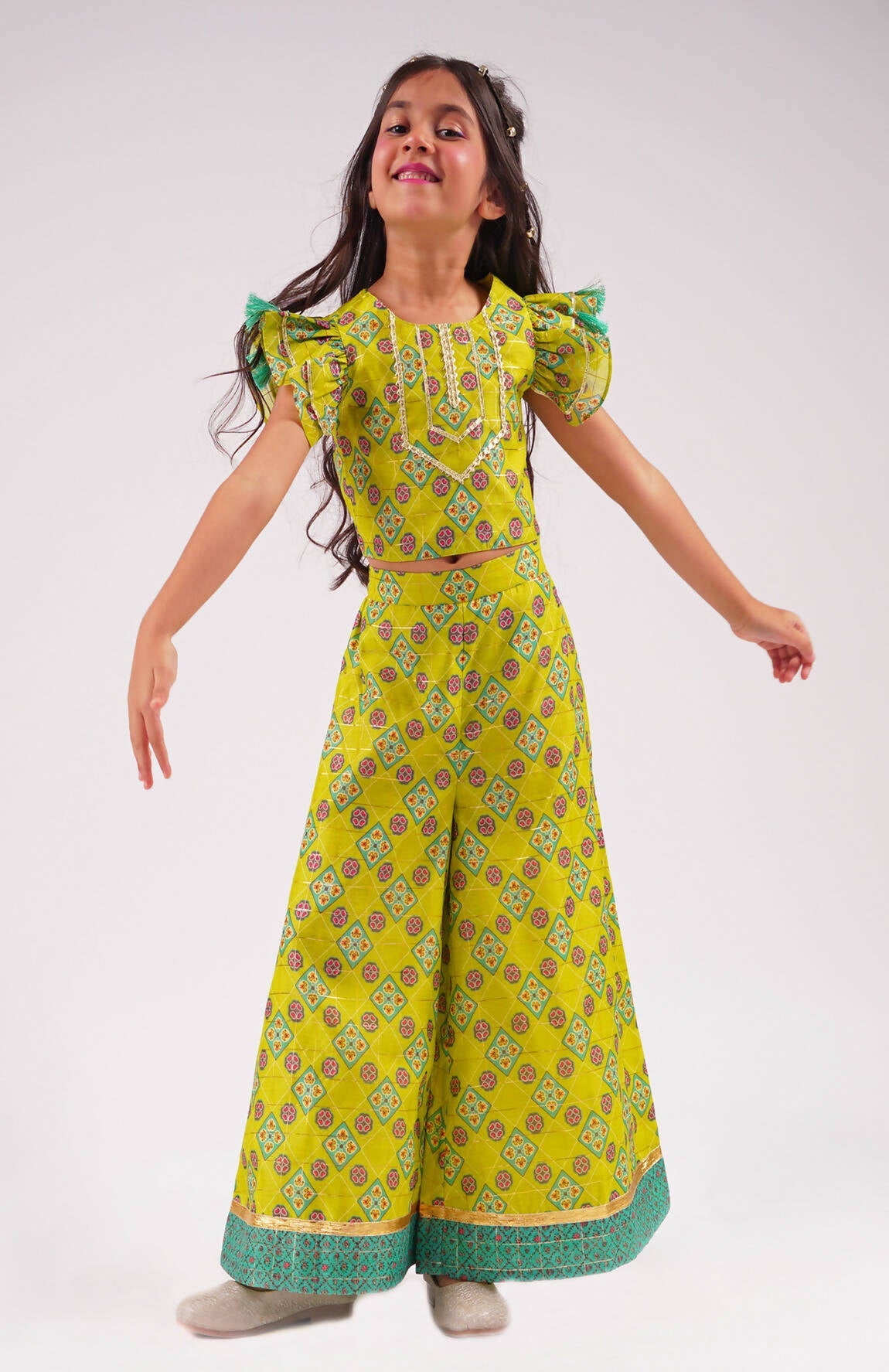 Lil Drama Raangoli Crop Top With Palazzo Co-Ordinate Set - Green - Swadesiicart