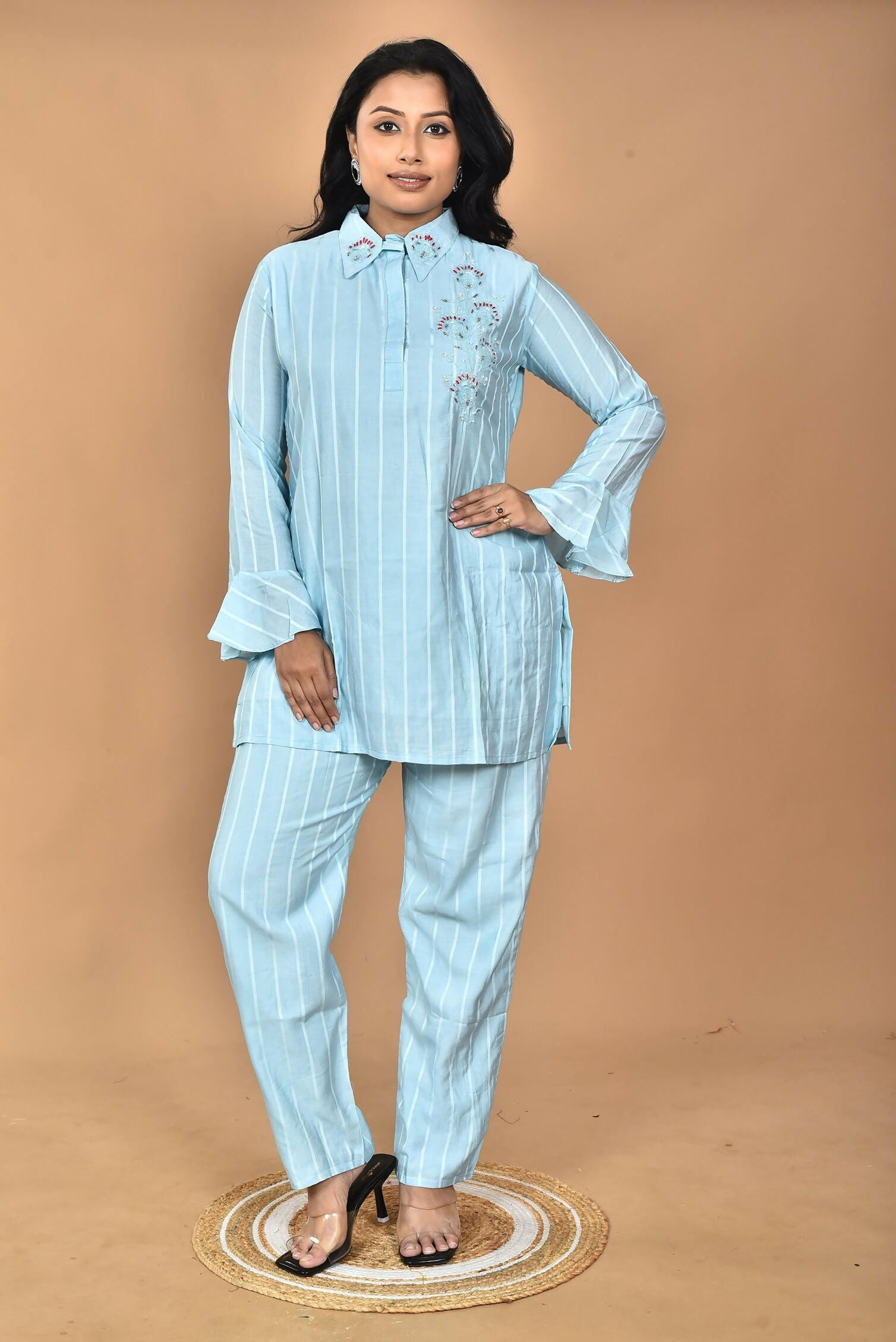 Morchari Women And Hand Embroidery Co-Ords-Sky Blue - Swadesiicart
