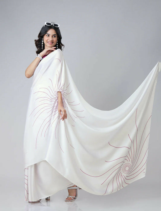 Vastranavya White Retro Wavy Polka Stripes Freehand Ready to Wear Saree | Swadesiicart