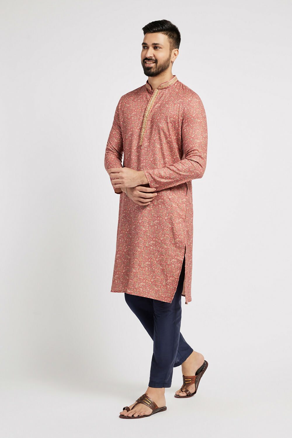 Ethnic India Pink Men's Kurta Floral Polyester | Swadesiicart