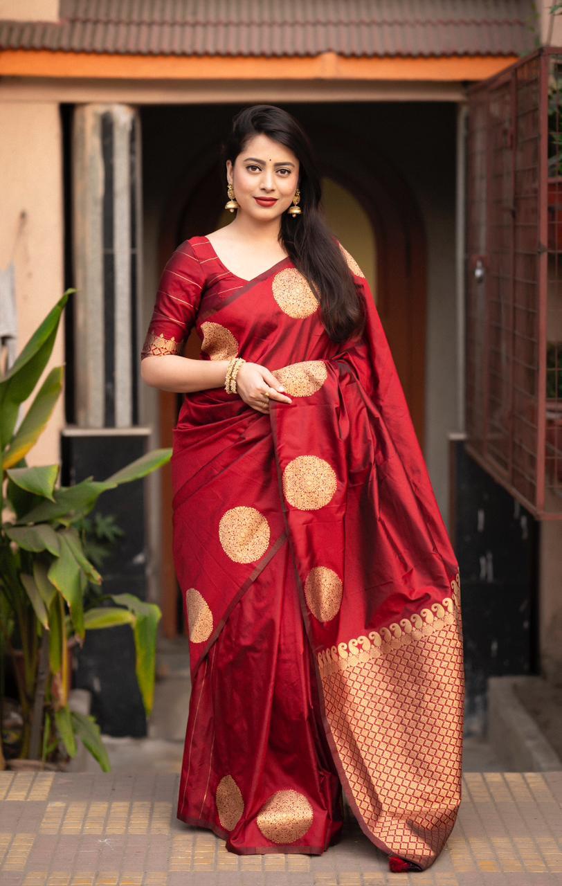 Maroon Silk Woven Saree with Unstitched Blouse - Hiral Fashion | Swadesiicart