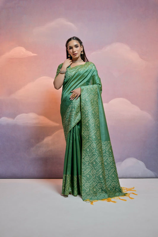 Vishnu Weaves Women's Pista Handloom Raw Silk Woven Border Saree with Blouse - Swadesiicart
